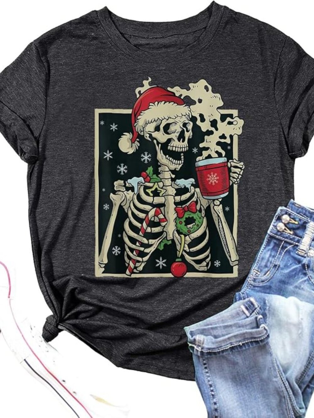 *Ladies' Christmas Smiling Skull Skeleton drinking Coffee Crewneck T-Shirt*